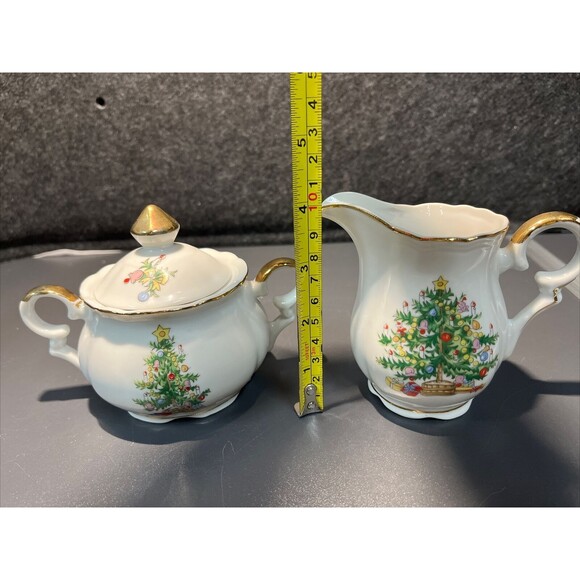Vintage Lefton Christmas‎ Tree Sugar & Creamer Set Gold Trim #1659 RARE - Picture 9 of 9